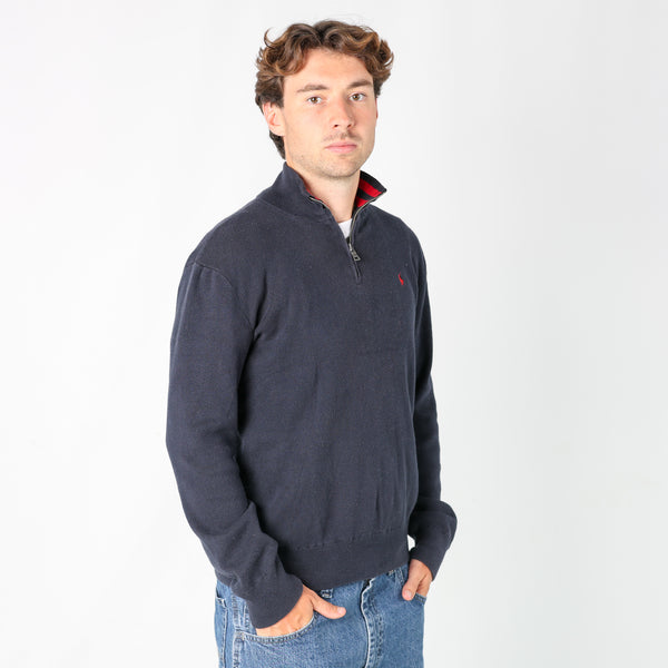 Navy Blue 90s Polo Ralph Lauren Quarter Zip Knit Sweatshirt (XL)